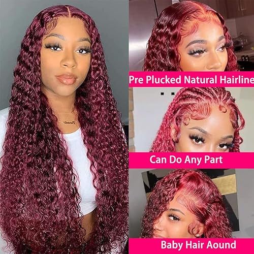 Miniatura 2 de Pelucas de cabello humano con encaje frontal color burdeos 99J prearrancado, peluca de onda profunda de 13 x 4, pelucas de encaje frontal HD para