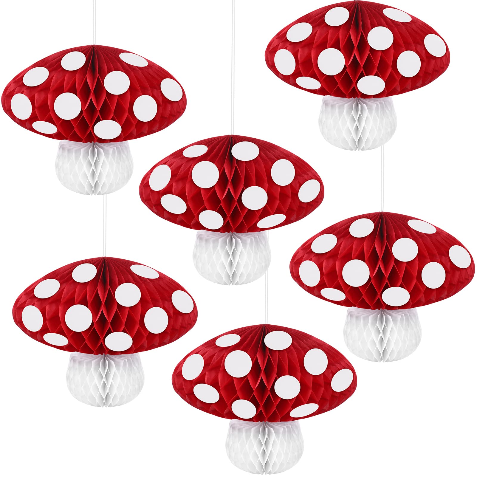 Photo 1 of Eersida 6 Pcs Mushroom Honeycomb Decor 3D Mushroom Shaped Tissue Paper Pom Decorations for Jungle Wonderland Themed Birthday Party for Fairy Baby Shower Garden Decoration