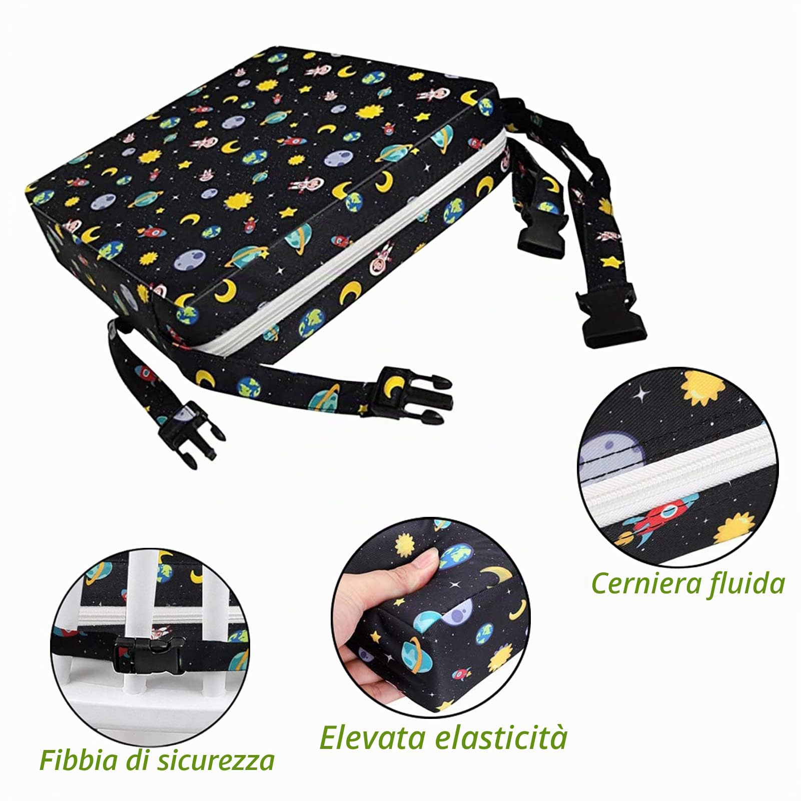 Taeku Cuscino Rialzo, Regolabile Lavabile Cuscino per Sedia Seggiolino Rialzo Booster Seat con 2 Sicurezza Fibbie per Tavolo da Pranzo (Pianeta Nero)