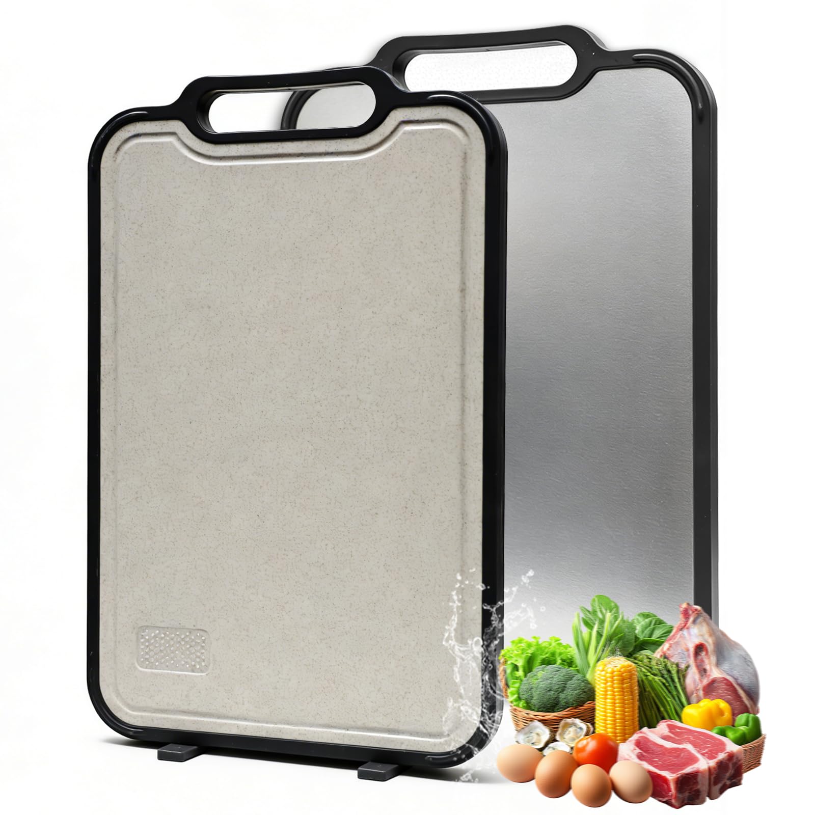 SANYCASA Tabla de cortar de doble cara, lado de titanio y lado de paja de trigo, diseño todo en uno, libre de BPA, antibacteriano, antideslizante, apto para lavavajillas, tabla de cocina