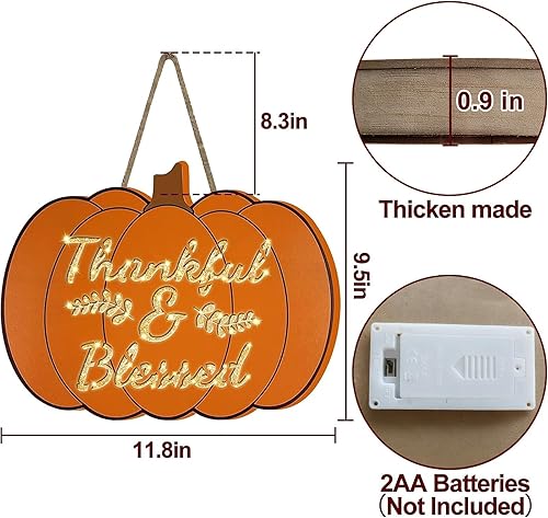 Vista 3 de TURNMEON Coronas de calabaza iluminadas de Acción de Gracias para decoración de puerta delantera, temporizador, funciona con pilas, letrero