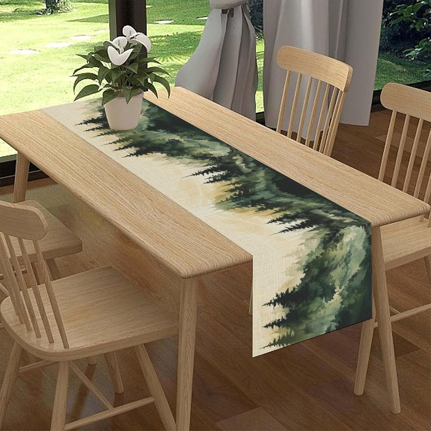 Watercolor Forest Table Runner, Rustic Pine Forest Foggy Mountain Landscape Tree Seasonal Kitchen Dining Table Scarf for Kitchen Living Room Home Indoor Outdoor Party Decor 13x36