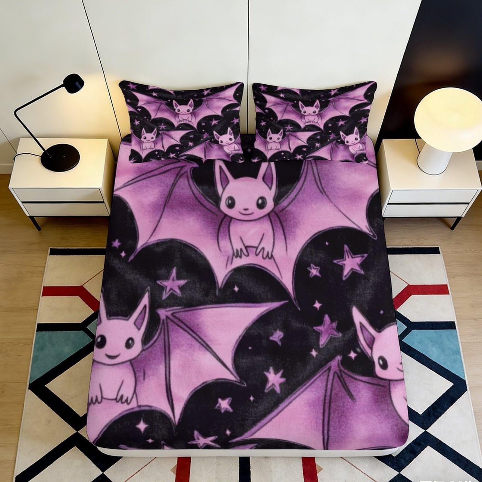 3D Printed Purple Bat Star Fitted Sheet Microfiber Soft Breathable Gothic Night Mattress Cover Bedroom Decor 200x200x25cm