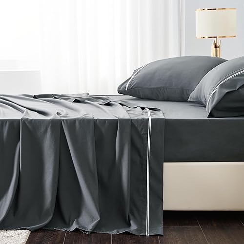 Miniatura 4 de Aisbo Juego de sábanas tamaño King, color gris oscuro, juego de sábanas bordadas de 4 piezas para hotel de lujo con bolsillo profundo de fácil