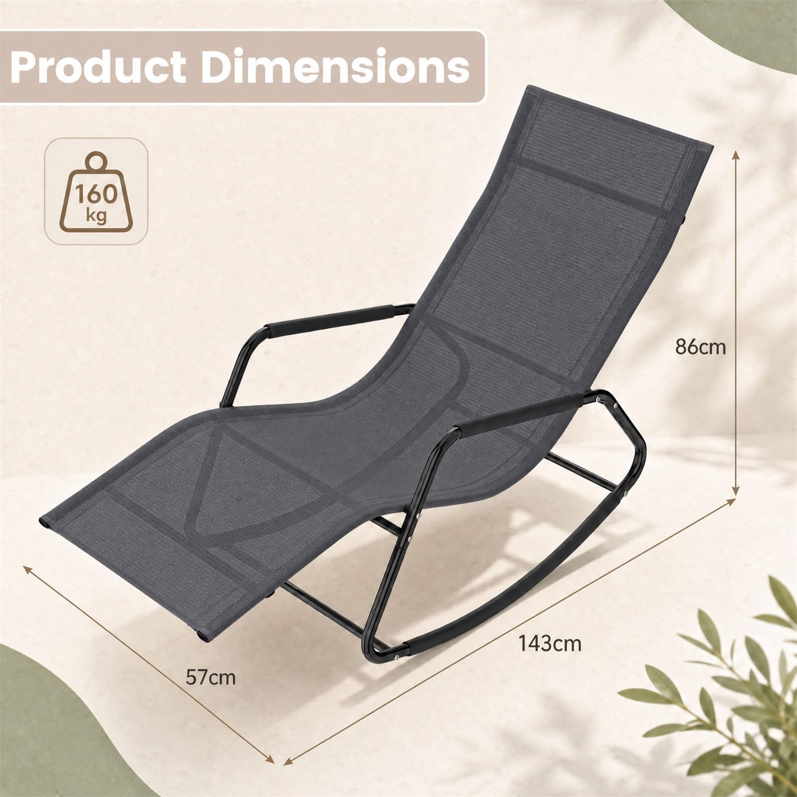 GOPLUS Chaise Longue à Bascule Métallique avec Tissu Respirant (Gris)