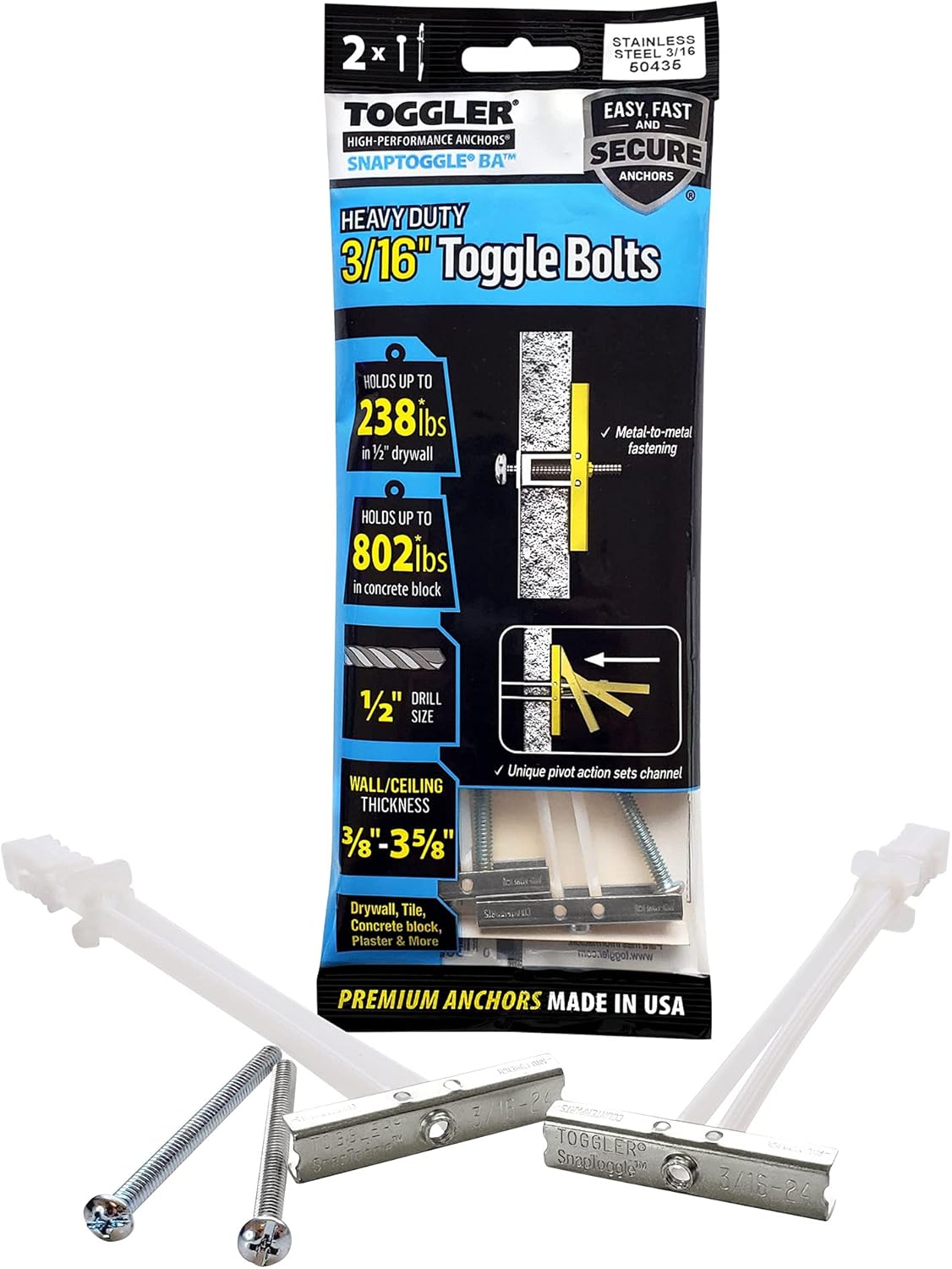 TOGGLER SNAPTOGGLE Heavy-Duty Drywall Toggle Bolt – 3/16"-24 UNC Zinc-Plated Anchor for Hollow Walls, Plaster & Tile – Holds 238 lbs in 1/2" Drywall, Easy Install – 2 Pack (With Bolts)