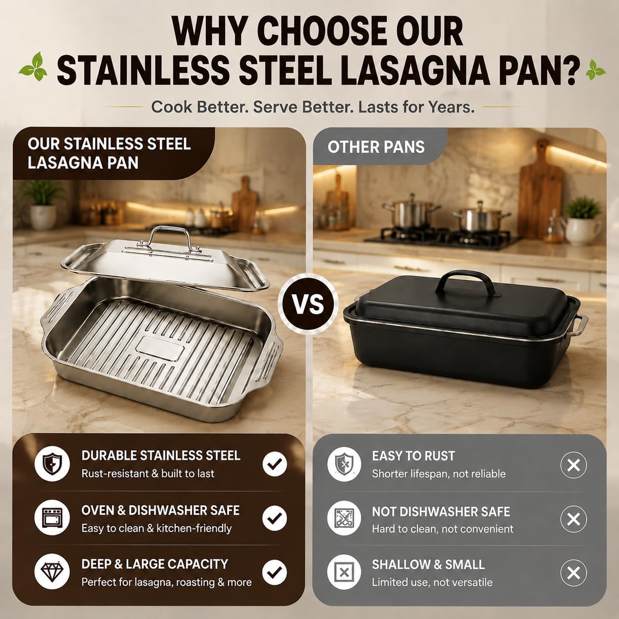 Stainless Steel Lasagna Pan with Lid – Set of 2 Deep Rectangular Baking Pans (16"x9.5"x3.2") for Lasagna, Cakes, Roasting & Buffet – Dishwasher Safe, Anti-Rust, Ideal for Restaurant & Home Use