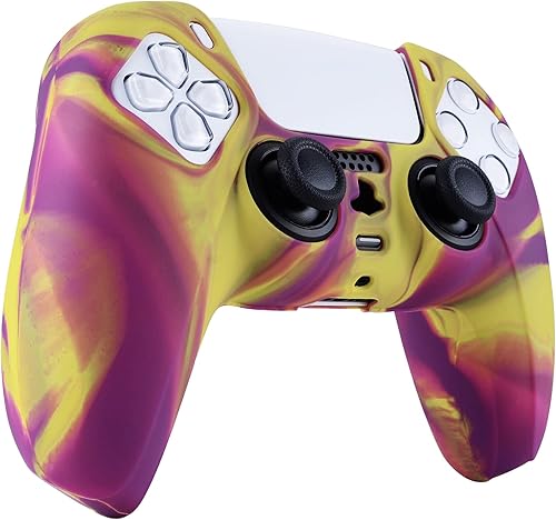 Miniatura 4 de PlayVital Funda de silicona antideslizante de camuflaje morado y amarillo de dos tonos para controlador PS5, funda de goma suave para controlador