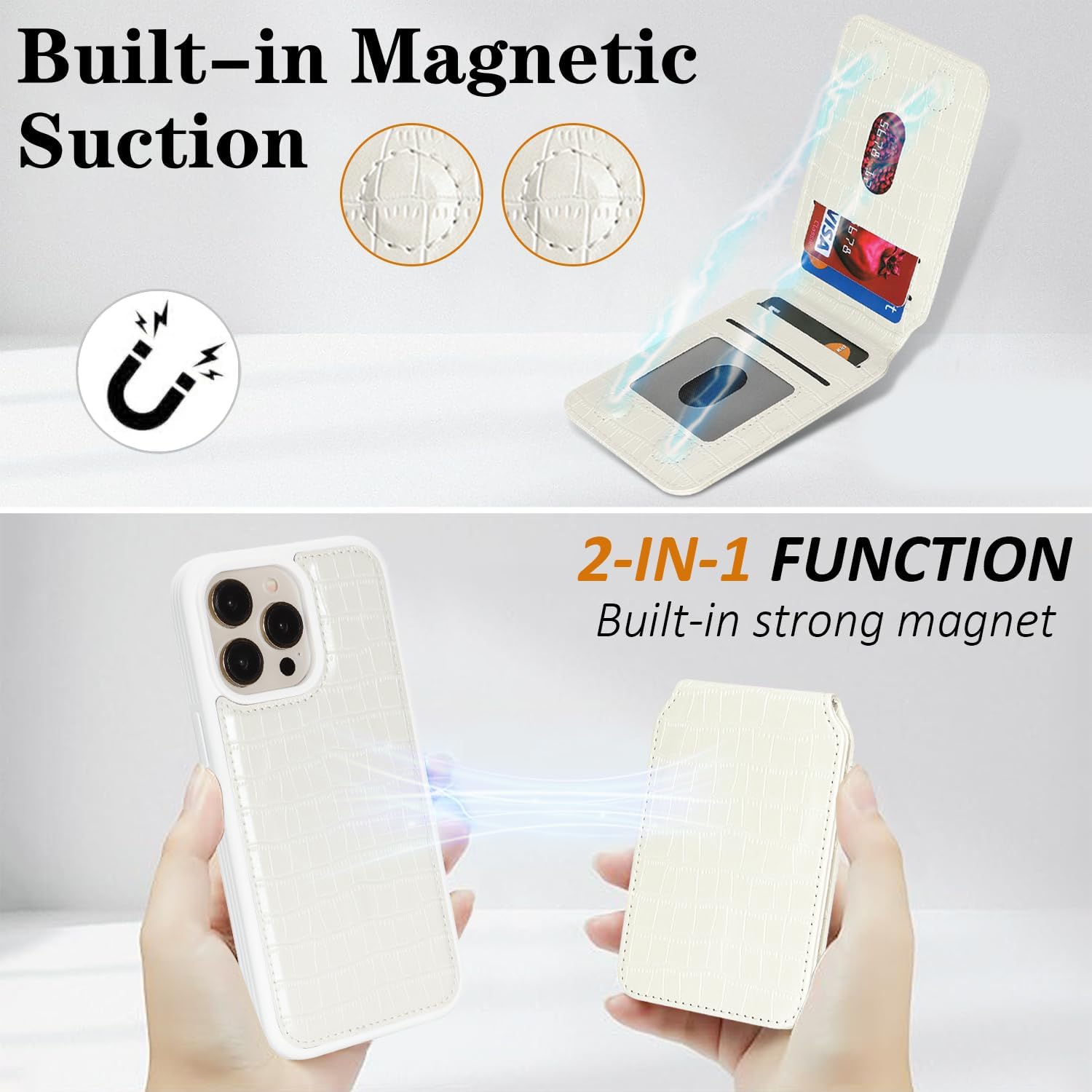 Ｈａｖａｙａ Luxury Wallet Case for iPhone 13 Pro Max & 12 Pro Max - Executive Faux Alligator Leather Cover, Detachable 2-in-1 Magnetic Design with Card Holder & Kickstand, Compatible with MagSafe - White