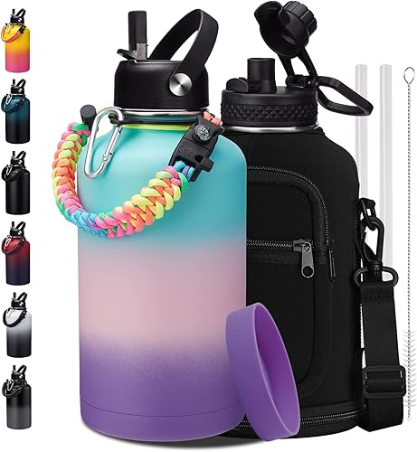 Miniatura 29 de Botellas de agua de 32 onzas aisladas con pajita y tapa para beber de un sorbo, asa de paracord, bolsa de transporte con correa, termo de triple