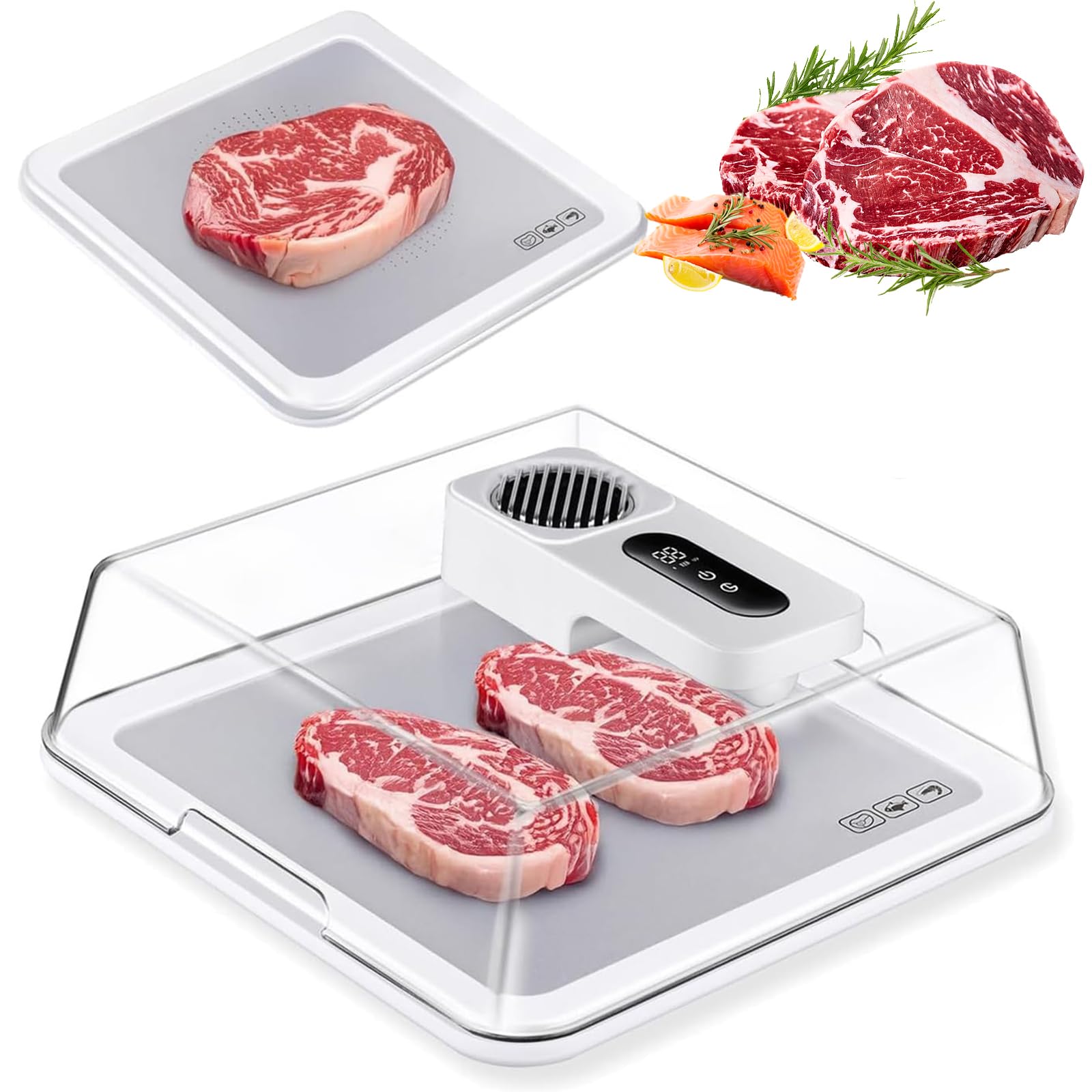FHRKA Electric Defrosting Tray 4.2L, Fast Meat Thawing Board with Airflow Technology & Timer, USB Rechargeable Defrosting Plate Box (White)