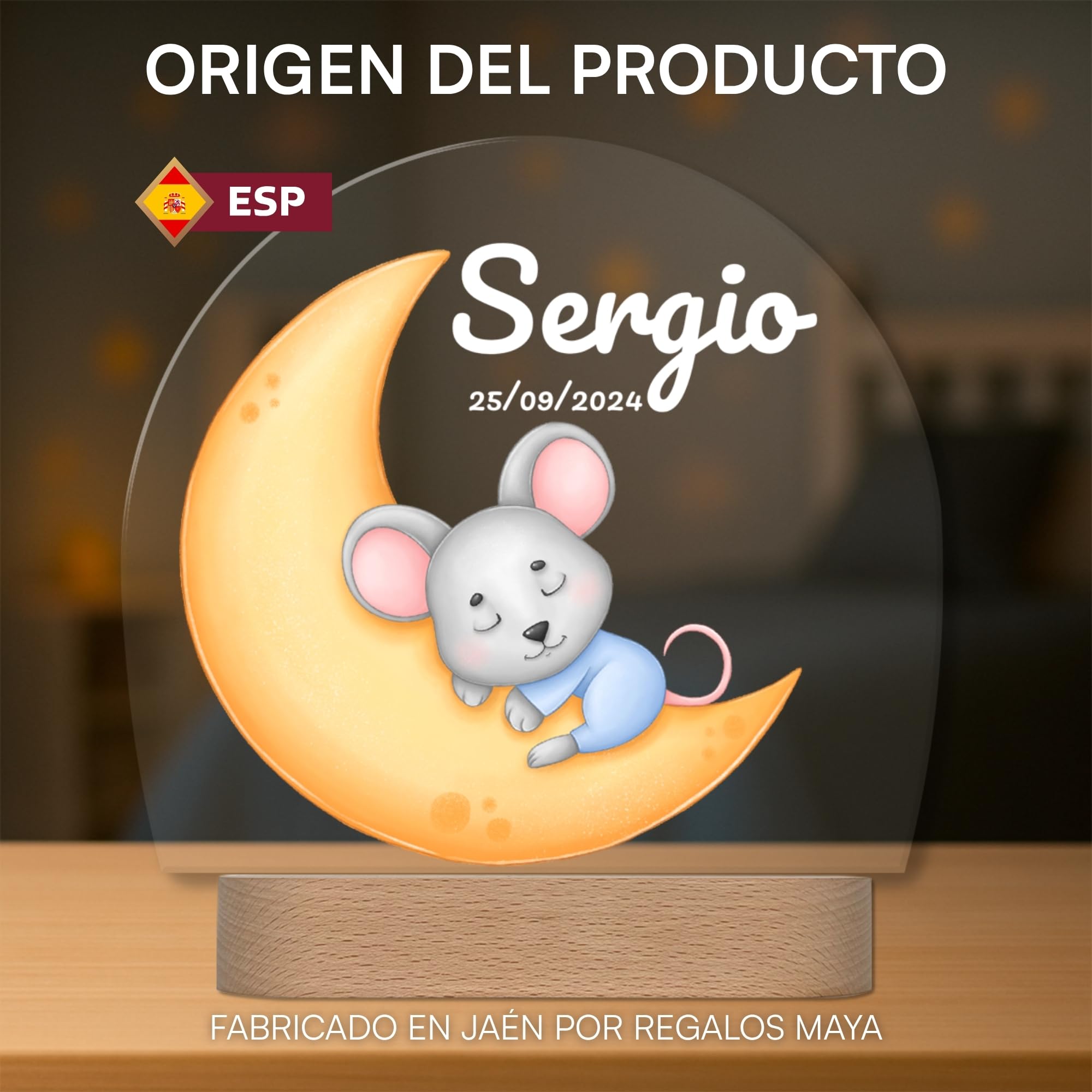 Lámpara Infantil Personalizada con Nombre y Fecha - Luz Quitamiedos LED - Regalo Bebé Recién Nacido, Bautizo o Cumpleaños - Decoración Infantil (Ratón)