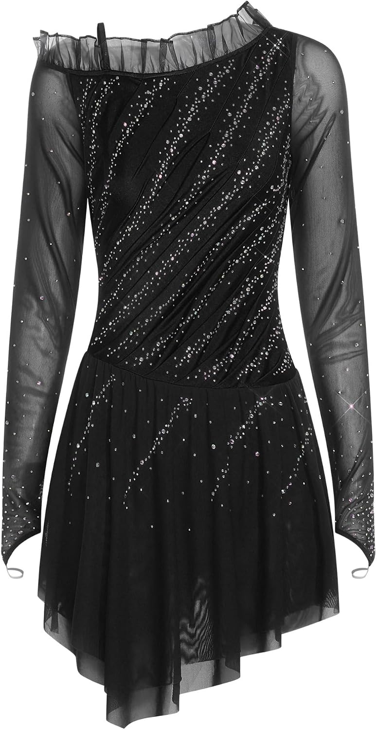 easyforever Women's Figure Skating Dress Stretch Long Sleeve Ice Skating Competition Wear for Performance