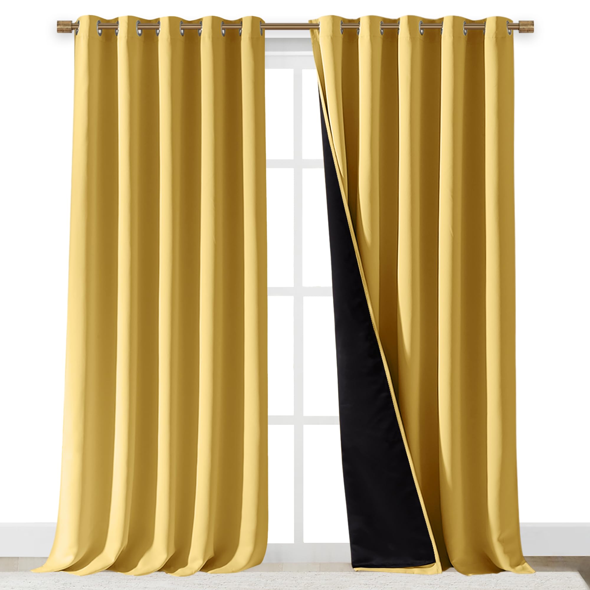 NICETOWN 100% Blackout Blinds, Laundry Room Decor Window Treatment Curtains for Large Patio Sliding Door, Thermal Insulated Bright Yellow Curtains for Bedroom, Set of 2, 70 inches x 108 inches