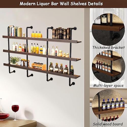 Miniatura 6 de Estante de vino grande con luz LED, estante de vino montado en la pared de madera maciza, botellas de licor de 3 niveles, estantes flotantes,