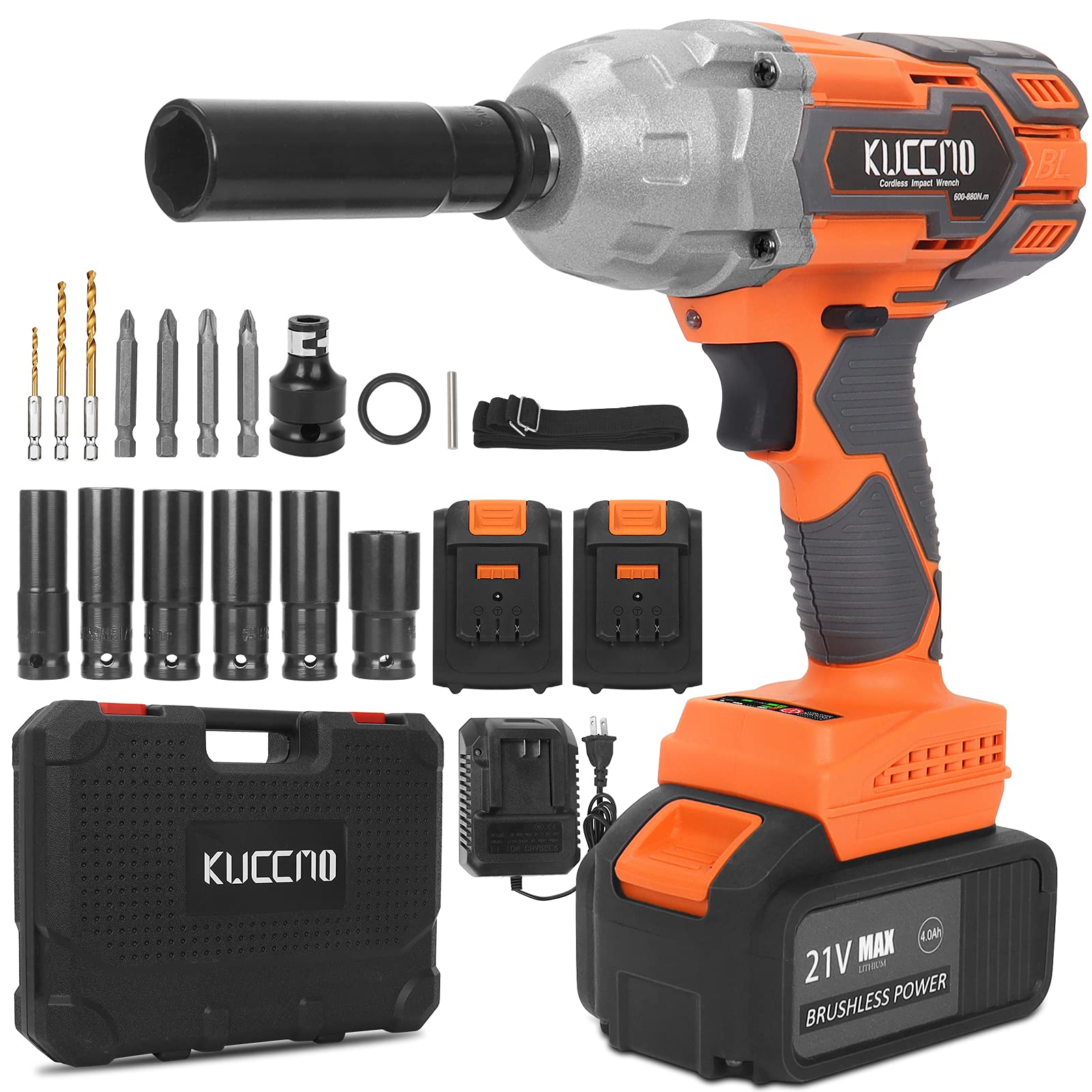 KUCCMO 21V Cordless Impact Wrench with 1/2'' Chuck, Max Torque 650 Ft-lbs (800Nm) , High Torque Power Impact Wrench, 4.0Ah Li-ion Battery, Impact Gun With Fast Charger, Tool Bag for Easy Carrying