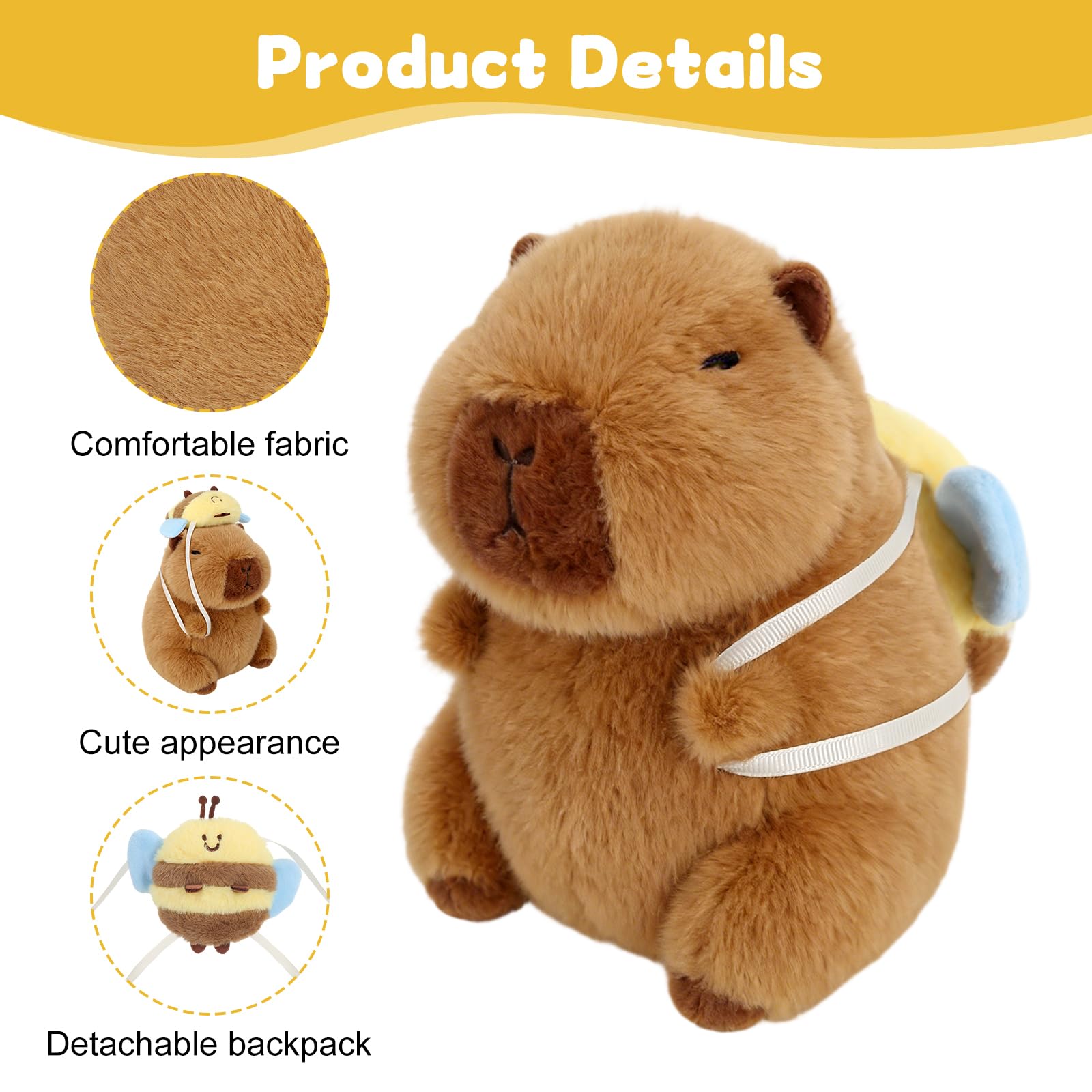 Capybara Peluche Kawaii Capybara Squishy Peluches Abeille Petite, 25CM, Anniversaire Kawaii Capibara Peluche Kapibara Anniversaire Kit Abeille Peluches Mignonne Douce Coussin Cadeau Détachable - 5