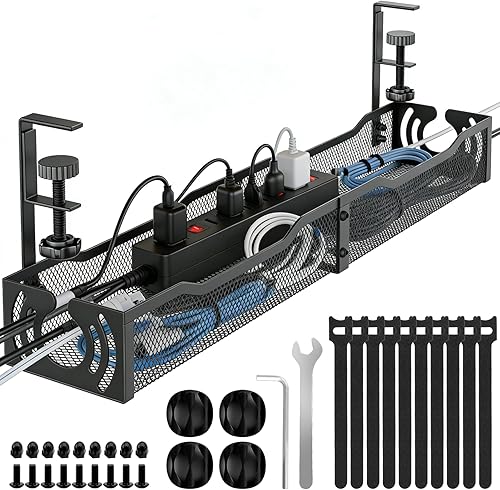 Cable Management, 25.3'' Under Desk Cable Management Tray No Drill, Metal Cable Organizer with Clamp for Wire Management, Cord Organizer for Home Office, Desk Accessories Organizer, Black
