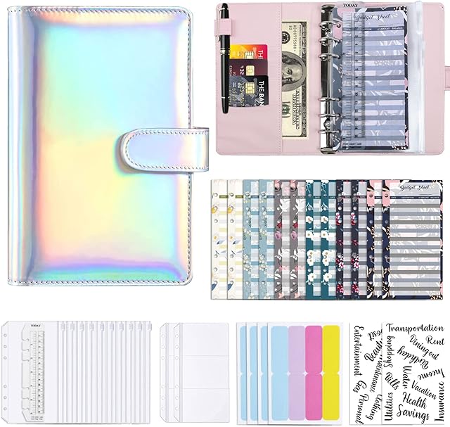 ISOI Budget Binder Set, Ring Binder Notebook, Budget Planner with Zipper Cash Envelopes, Budget Sheets, Label Stickers, Cash Organizer Money Saving Wallet for Travel Diary (Laser Silver)