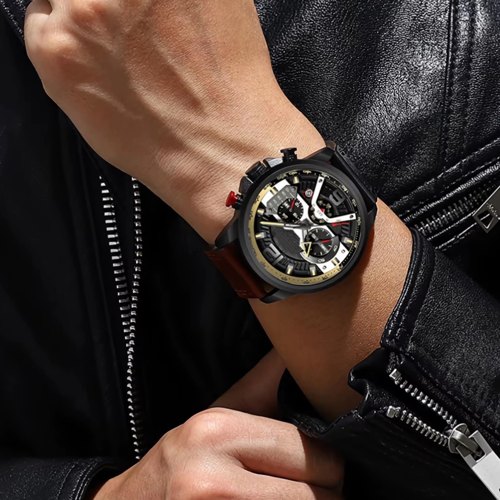 Męski chronograf zegarki sportowe ze skórą datowniczą, pasek kwarcowy zegarek biznesowy na co dzień zegarek na rękę dla mężczyzn
