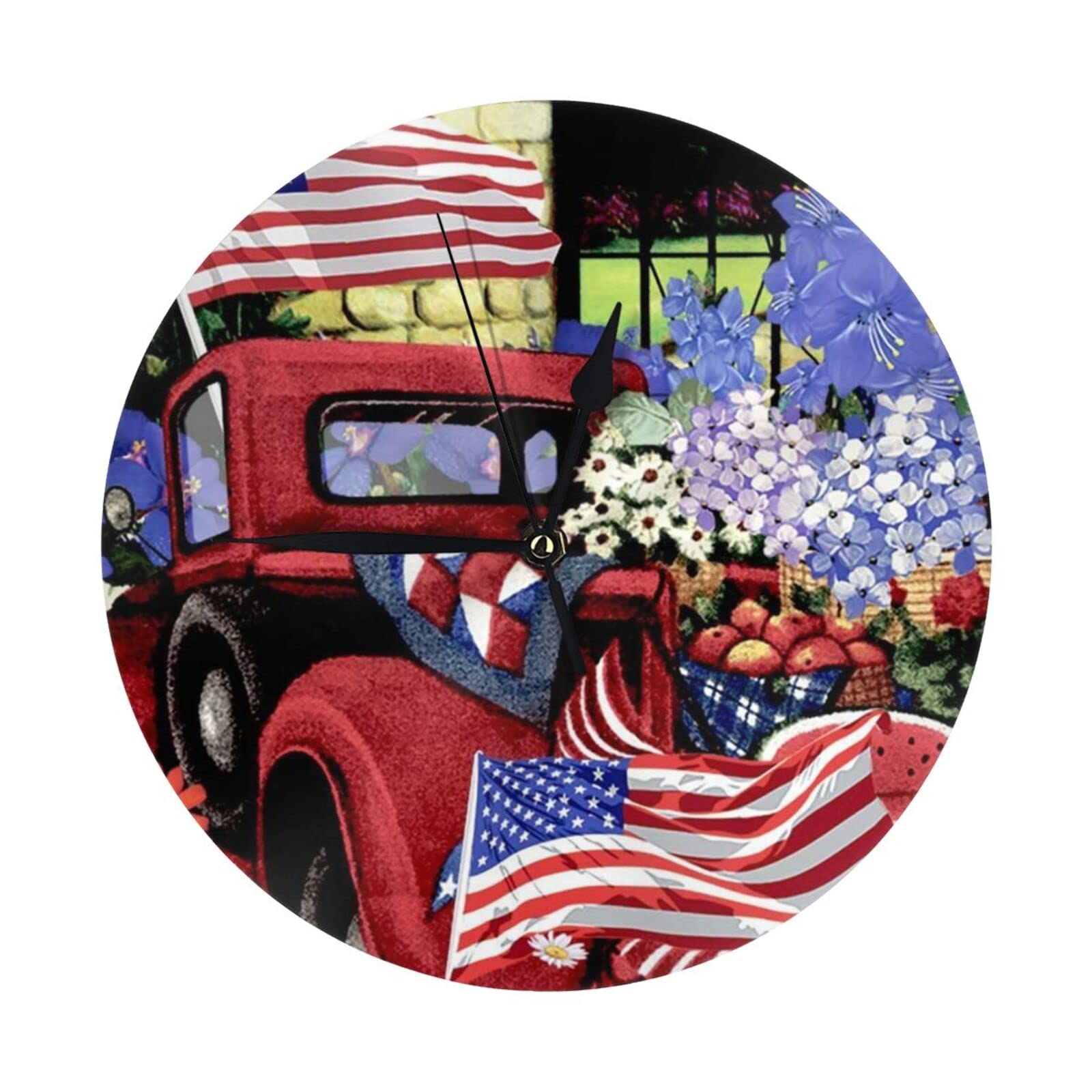 MQRCGYKF Silent Round Wall 4th Of July Patriotic Old Red Truck Clock, Fashion Simple Round Decorative Wall Clock, Battery Clock.