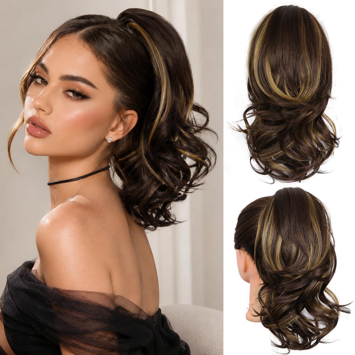 Photo 1 of 14 Inch Ponytail Extension - Soft Wavy Pony Tails Hair Extensions, Claw Clip Ponytail Extension, Synthetic Hair Extensions Ponytail, Clip in Ponytail (Color: Brown with Blonde Highlights)