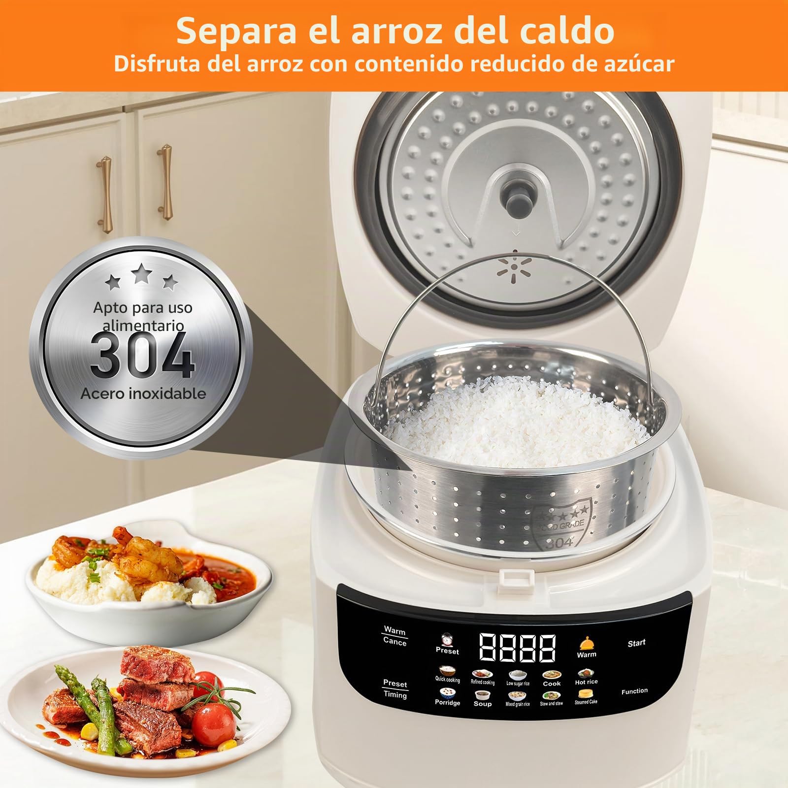 Arrocera Low Sugar 2L, arrocera 10 en 1 con vaporera y temporizador | Con función baja en carbohidratos, mantener caliente 8 h y temporizador 24 h, fácil de limpiar para uso diario