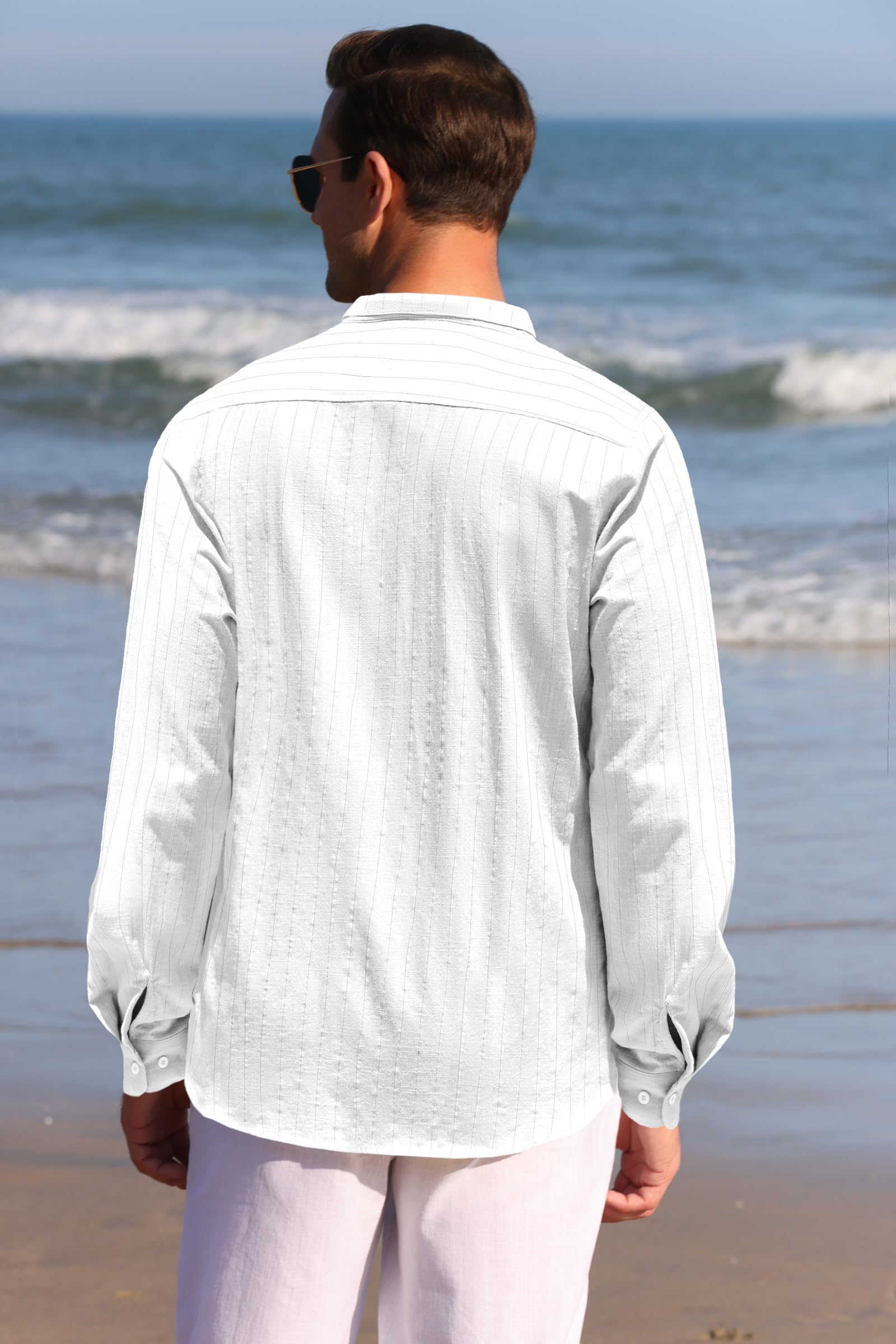 Runcati Camicia in lino, da uomo, estiva, a maniche lunghe, a righe, per il tempo libero, in cotone, vestibilità regolare