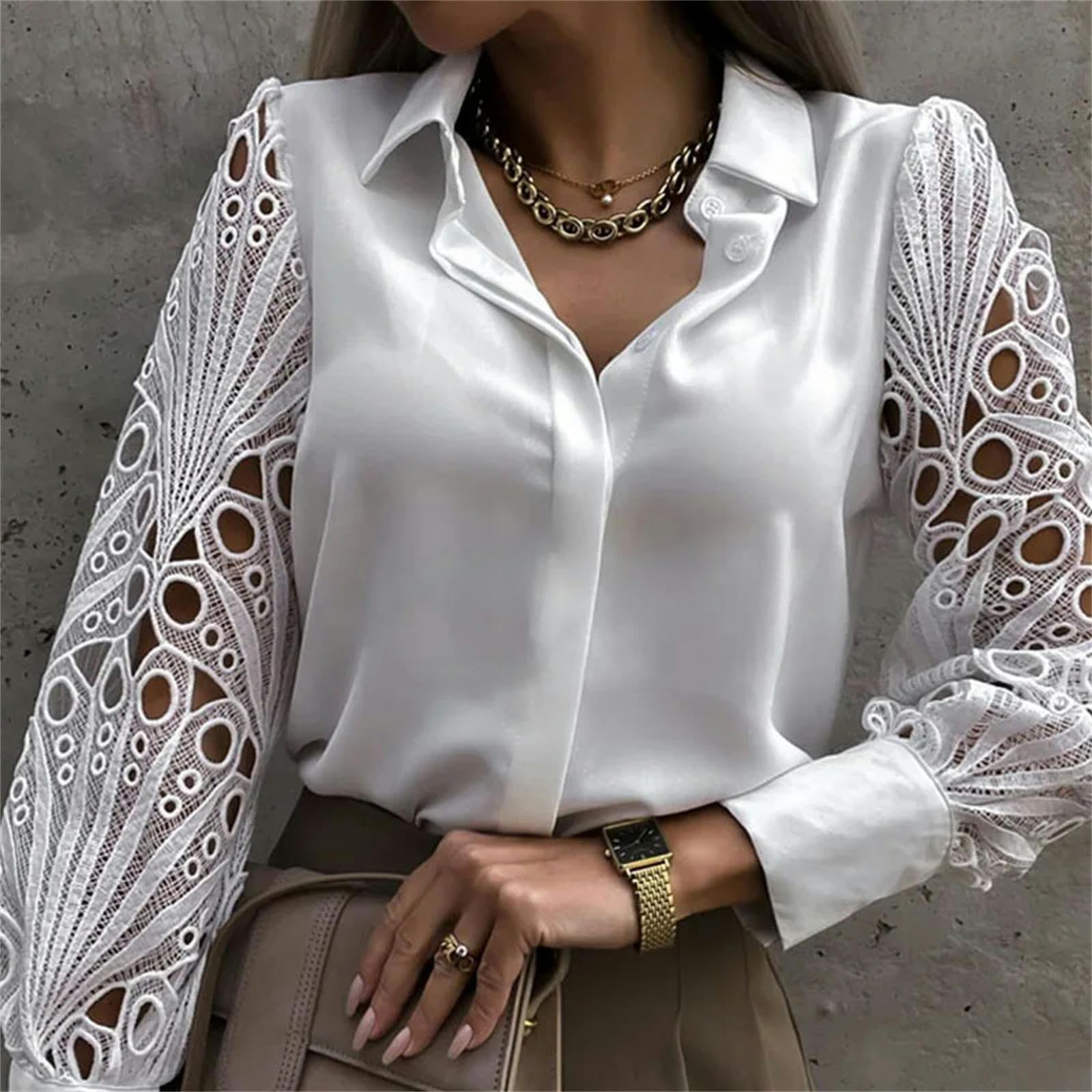 Camicia Donna Elegante Hollow out Donne Camicetta Autunno Primavera Nero Top Vintage Button Up Camicie Maniche Lunghe Top-Nero-m