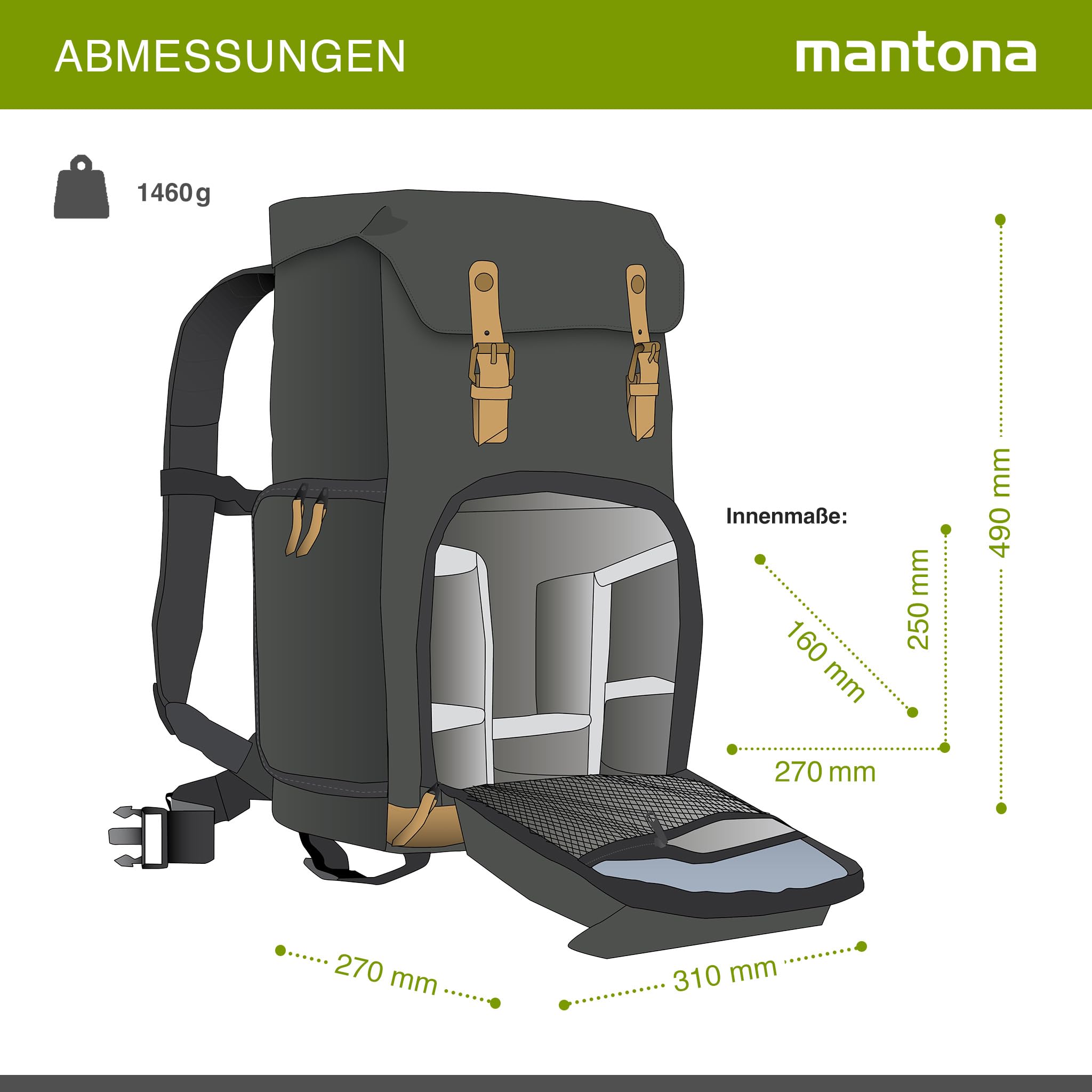 Mantona Luis Sac Dos Photo rétro, Appliques Cuir, avec Housse de Pluie, aménagement Flexible avec Compartiment pour Ordinateur Portable, pour 1 Appareil Photo Reflex, 3 objectifs, Accessoires, Noir
