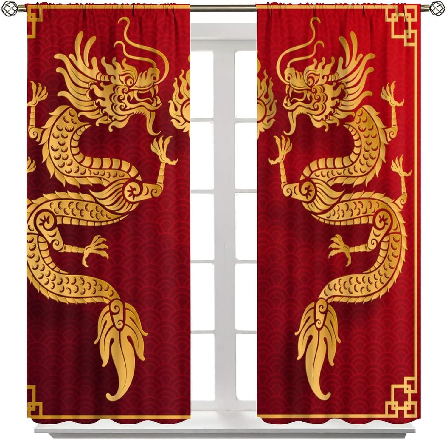 Golden Dragon Curtains Asian Tradition Elements Chinese Dragon Red Background Blackout Window Drapes Living Room 2 Panels 52x84in
