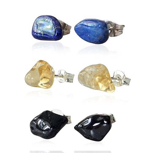 NEW Designs by Nature Gems Crystal Earring Set, Lapis Lazuli, Citrine & Black Tourmaline Stud Earrings, Raw Sterling Silver Earrings, Christmas &
