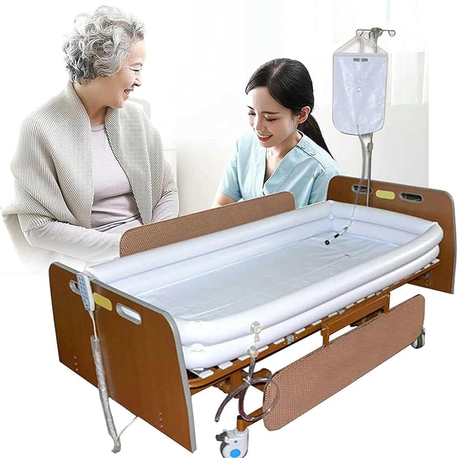 Bañera inflable para pacientes mayores postrados que facilita la ducha completa en cama