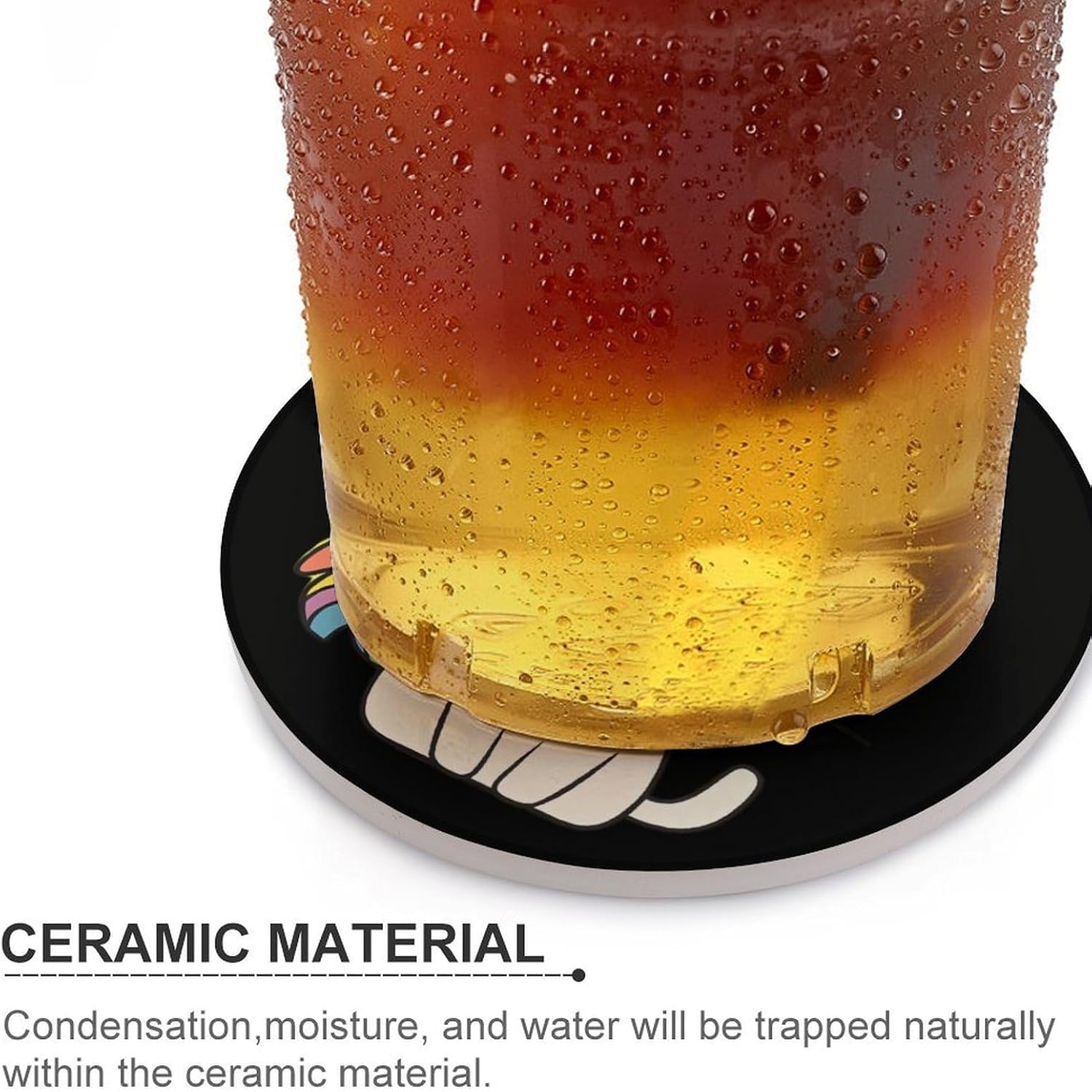 Rainbow Unicorm Cat Round Ceramic Coasters for Drinks Absorbent Cup Holder Tabletop Protector with Cork Base