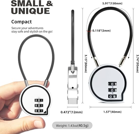 3 Digit Combination Lock, Combo Cable Lock with Code, Small Padlock Combination with Cable, for Luggage, Suitcase, Gym Locker, Backpack Zipper, Cabinet, Mailbox, Outdoor Fence, Travel Safe