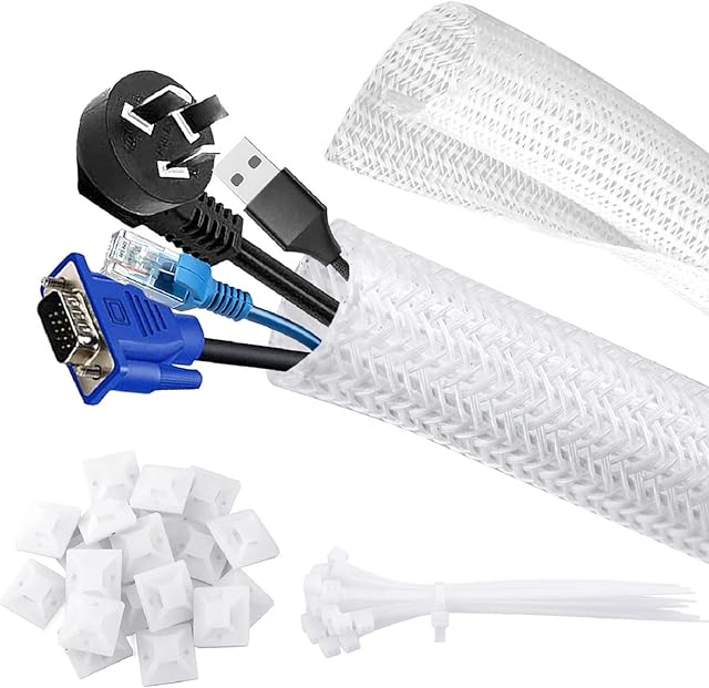 CHZHLI 3.05m Cable Management Sleeve, Diameter 13-20mm with 20Pcs Cable Ties & 20Pcs Self Adhesive Mount Base Holder, Cable Tidy Trunking for Organize and Hider Wires - White