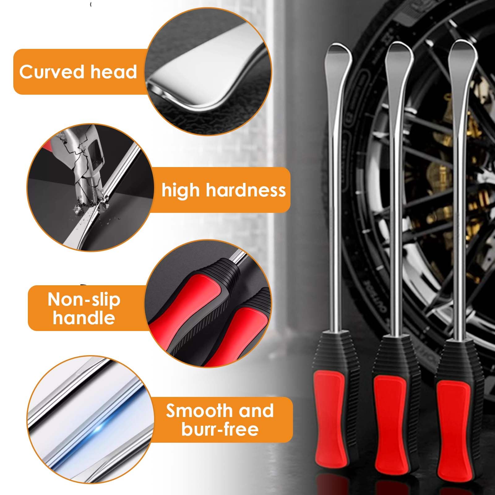 Kit Smontagomme Moto, Leve per Gomme Lunghe in Acciaio con Protezione Cerchi - Set Cambio Gomma per Motorino, E-Scooter e Bici - Include Leve, Proteggi Cerchi, Chiave Valvole e Borsa
