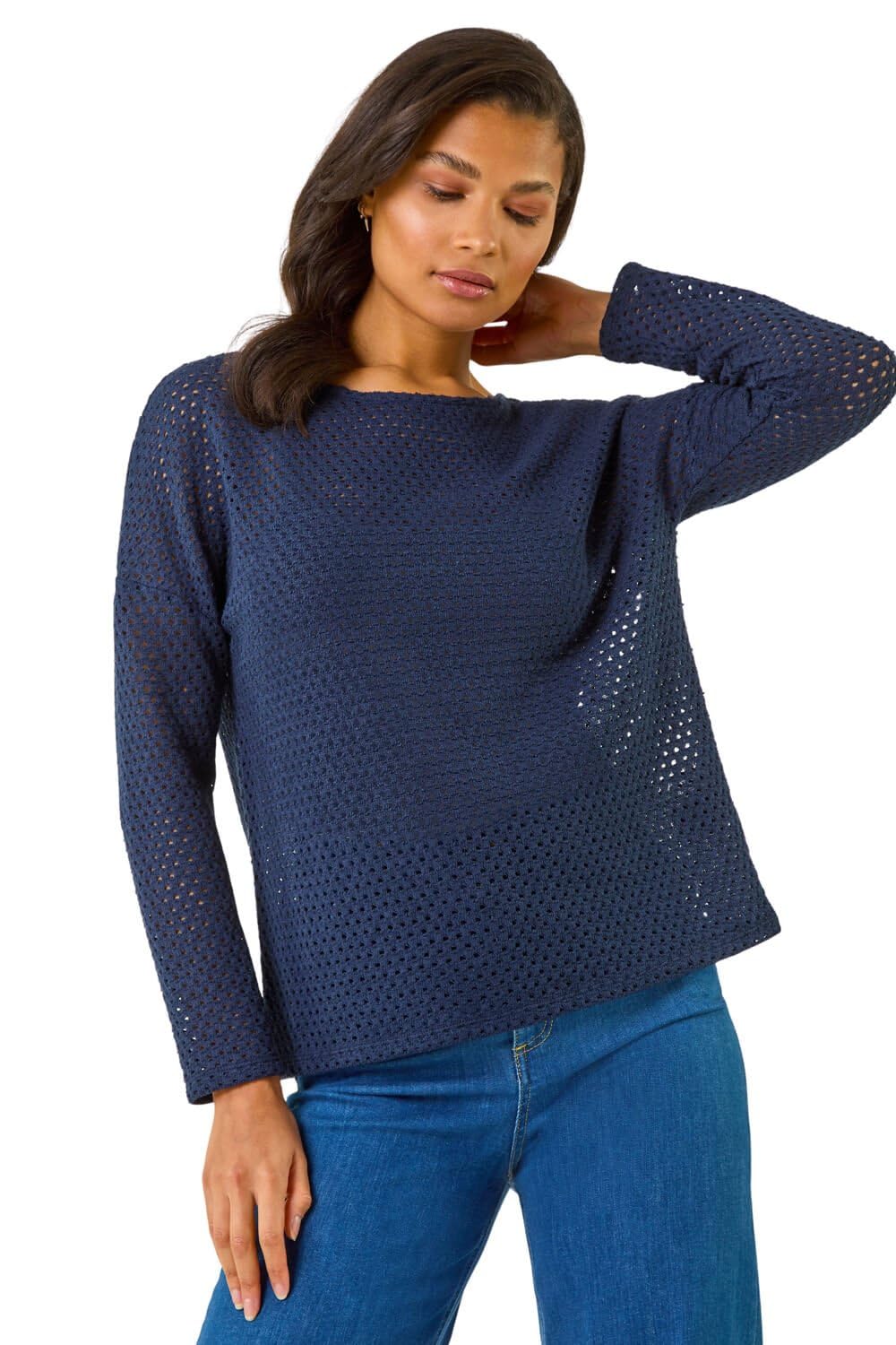 Roman Women's Navy Crochet Cotton Jersey Top Size 20