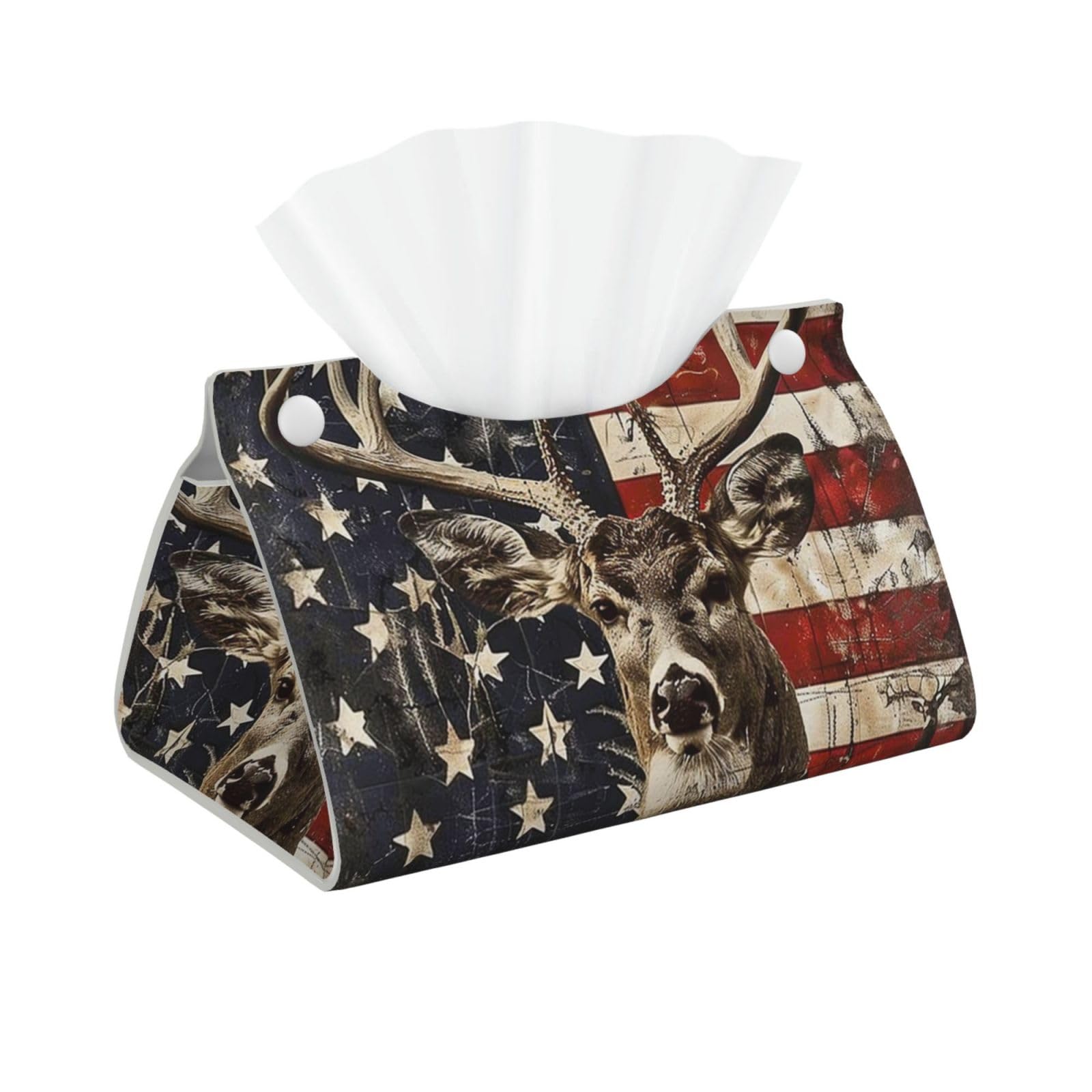 Americana Flag Deer Print Tissue Box Cover Foldable Tissue Storage Box Leather Tissue Cube Box Holder for Living Room Bedroom Office Car Home Decor