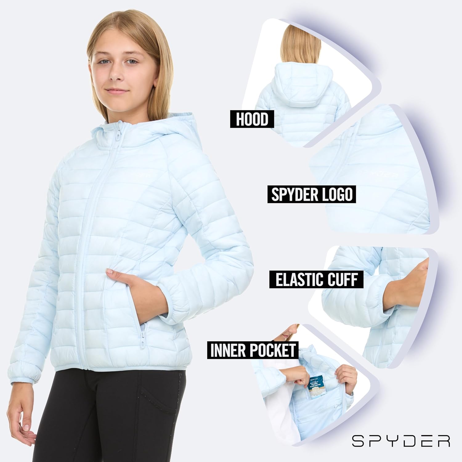 Spyder Girls Puffer Jacket with Hood Packable, Girls Winter Coats, Lightweight Ski Snow Outerwear - Image 3