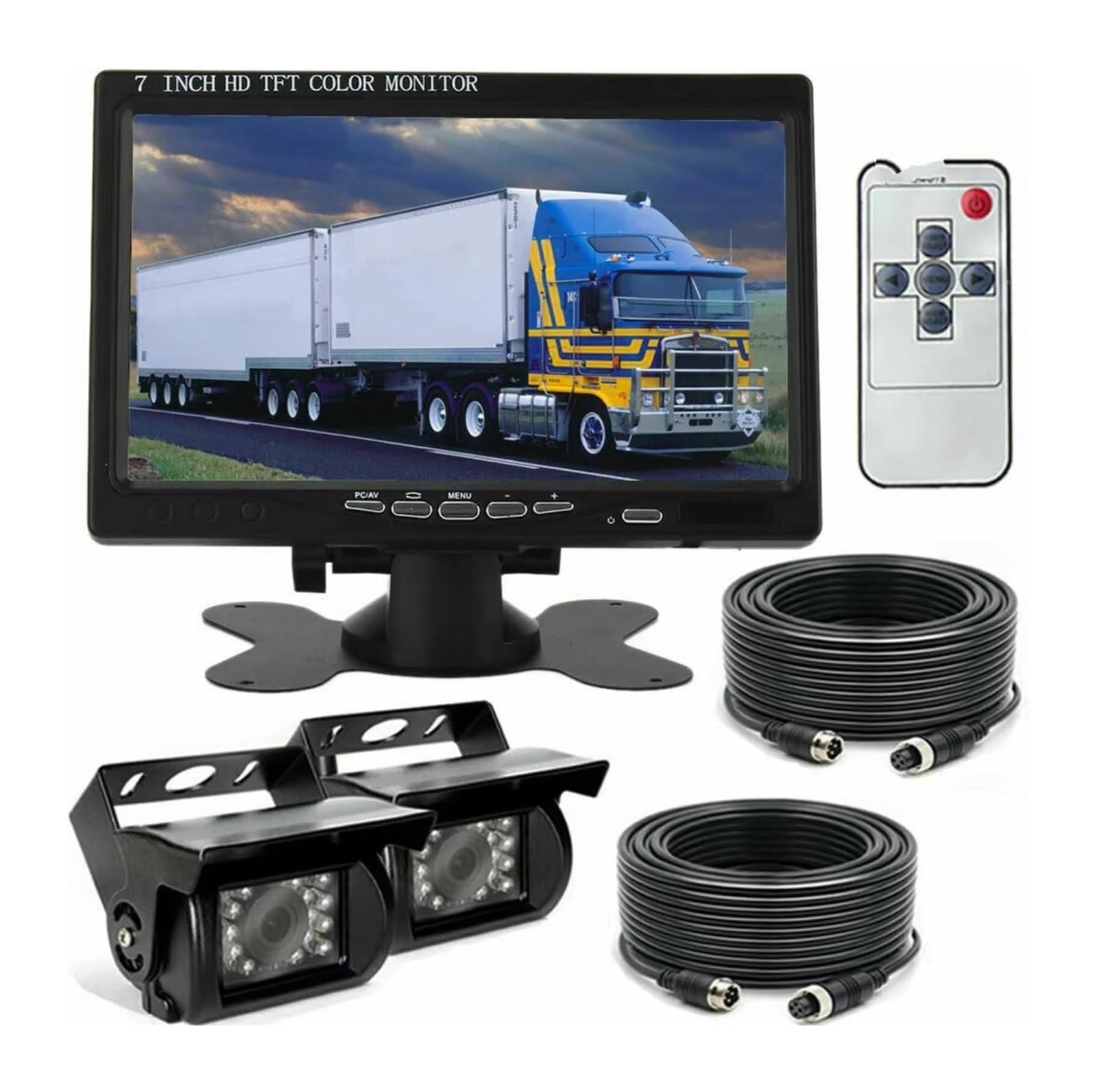 Kit Visión Trasera para Coche 2 Cámaras Marcha Atrás Monitor TFT 7 Pulgadas para Autocaravana Autobús Camión 12V 24V Cámara de Respaldo