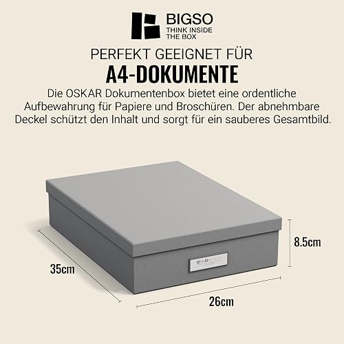 Bigso Box of Sweden Document Box for A4 paper, Brochures and Notes - Box with Lid and Handle - Fibreboard and Paper Box Storage with Lid - Grey - 3