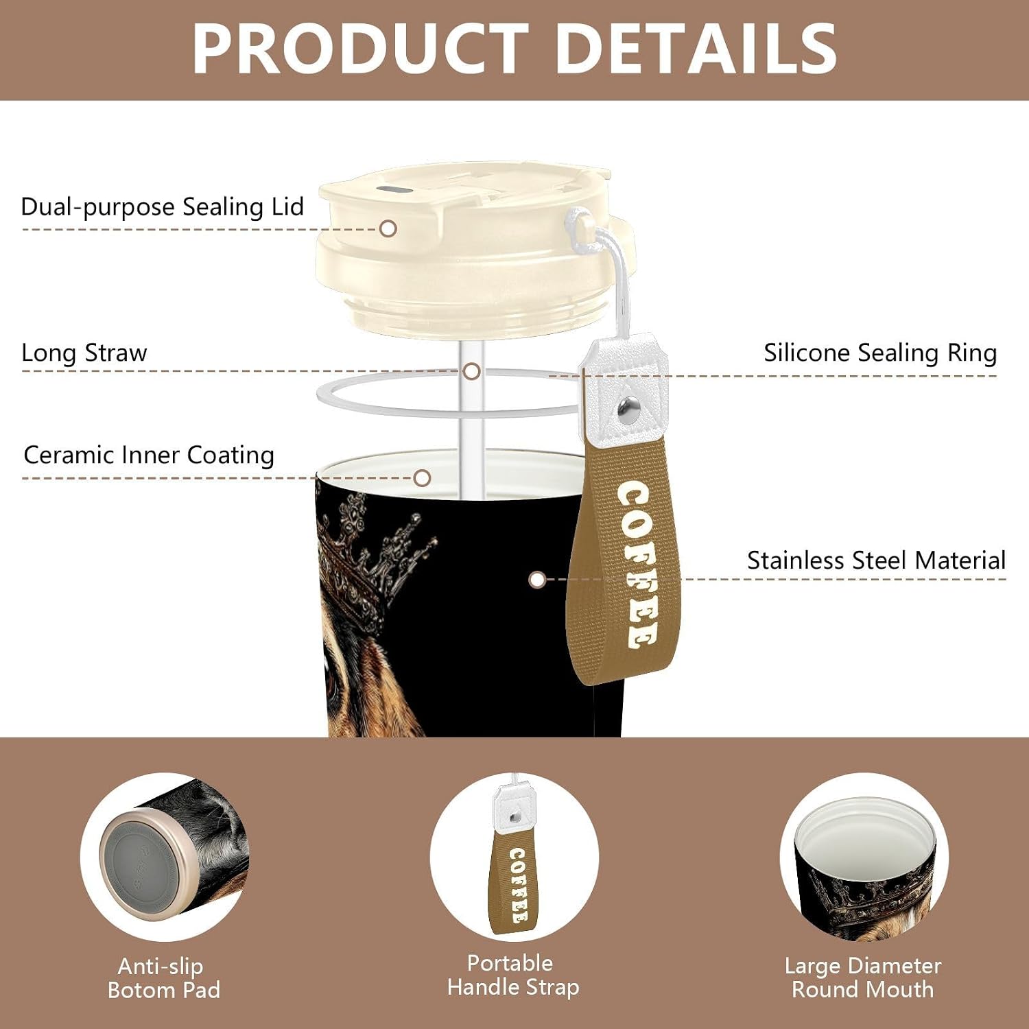 Dog Portrait Crown Insulated Coffee Mug with Straw & Flip Lid, 16.9oz Iced Tumbler Cup, Double Wall Vacuum Mug for Travel Office