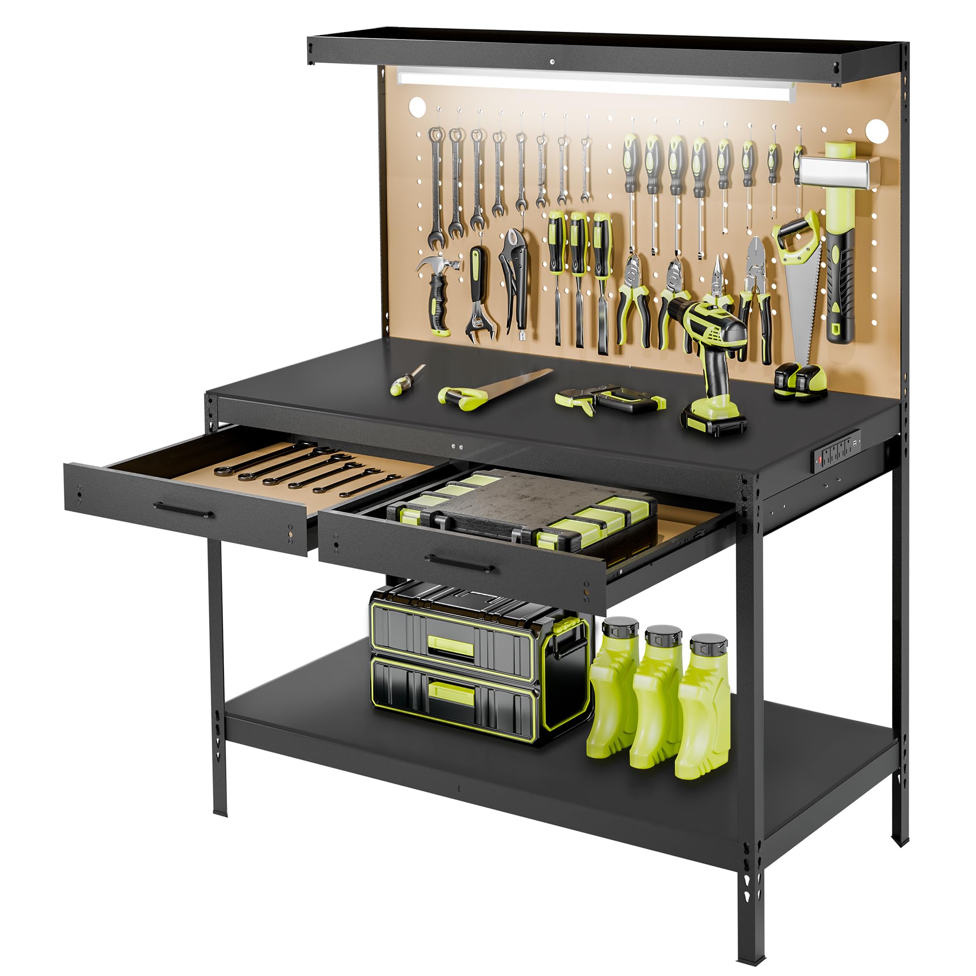 Work Bench, Workbench with Power Outlets and Light, A3 Steel Workbench with Drawers Pegboard, 600LBS Capacity Garage Workbench, Work Benches for Garage Workshop Basement