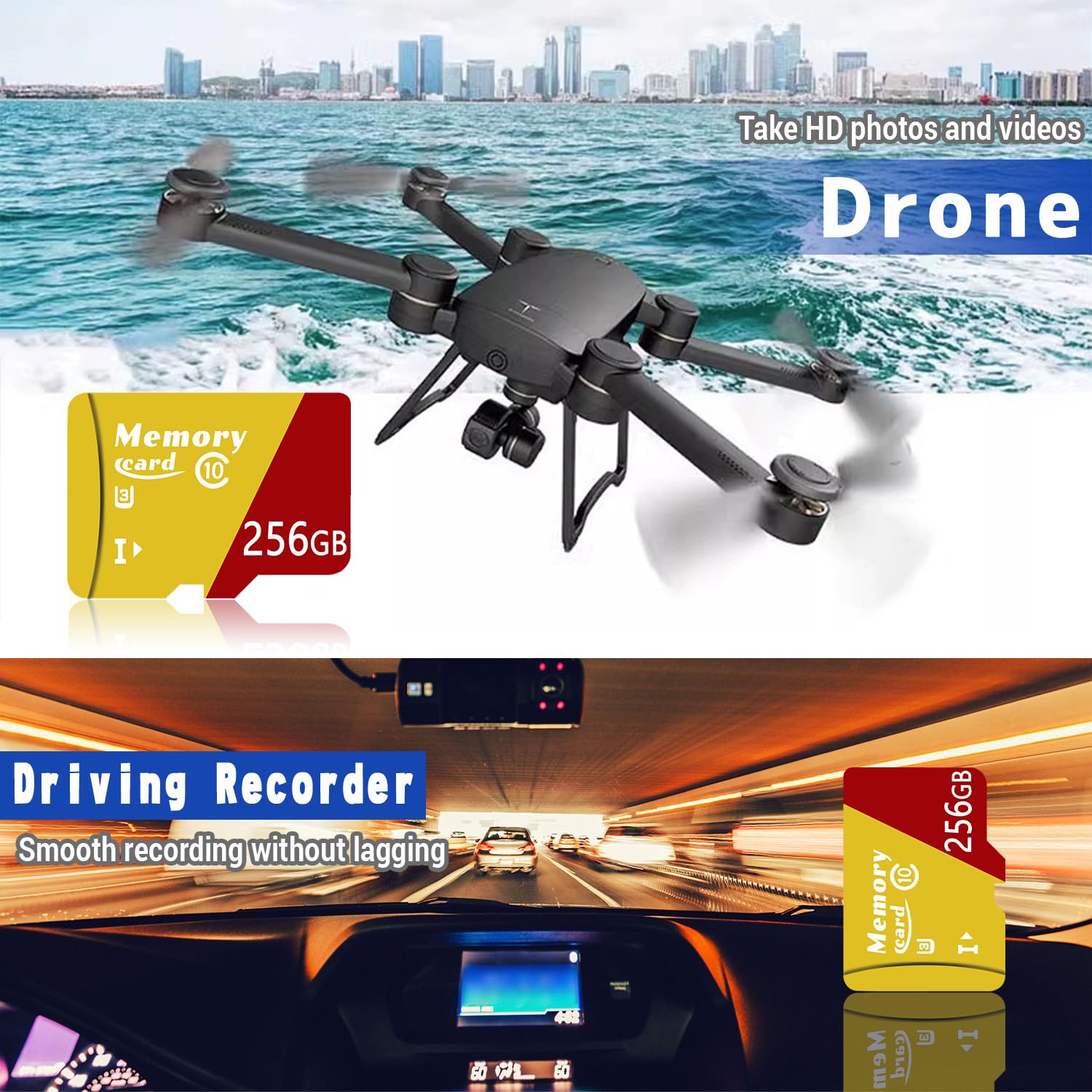 Carte mémoire Micro + Adaptateur, Carte Micro 256Go avec A2 pour Smartphones, Drones, V30, Jusqu’à 100 MB/S, UHS-I, 4k, V30, A2, U3 -ZE256Go