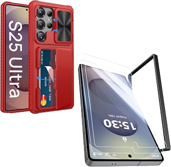 Vihibii for Samung Galaxy S25 Ultra Case with Card Holder & Screen Protector [2 Pack] & Slide Camera Cover, Bulit-in 9H Hardness & HD Tempered Glass Film with Easy Installation Tool 6.9", Red