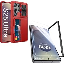 Vihibii for Samung Galaxy S25 Ultra Case with Card Holder & Screen Protector [2 Pack] & Slide Camera Cover, Bulit-in 9H Hardness & HD Tempered Glass Film with Easy Installation Tool 6.9", Red