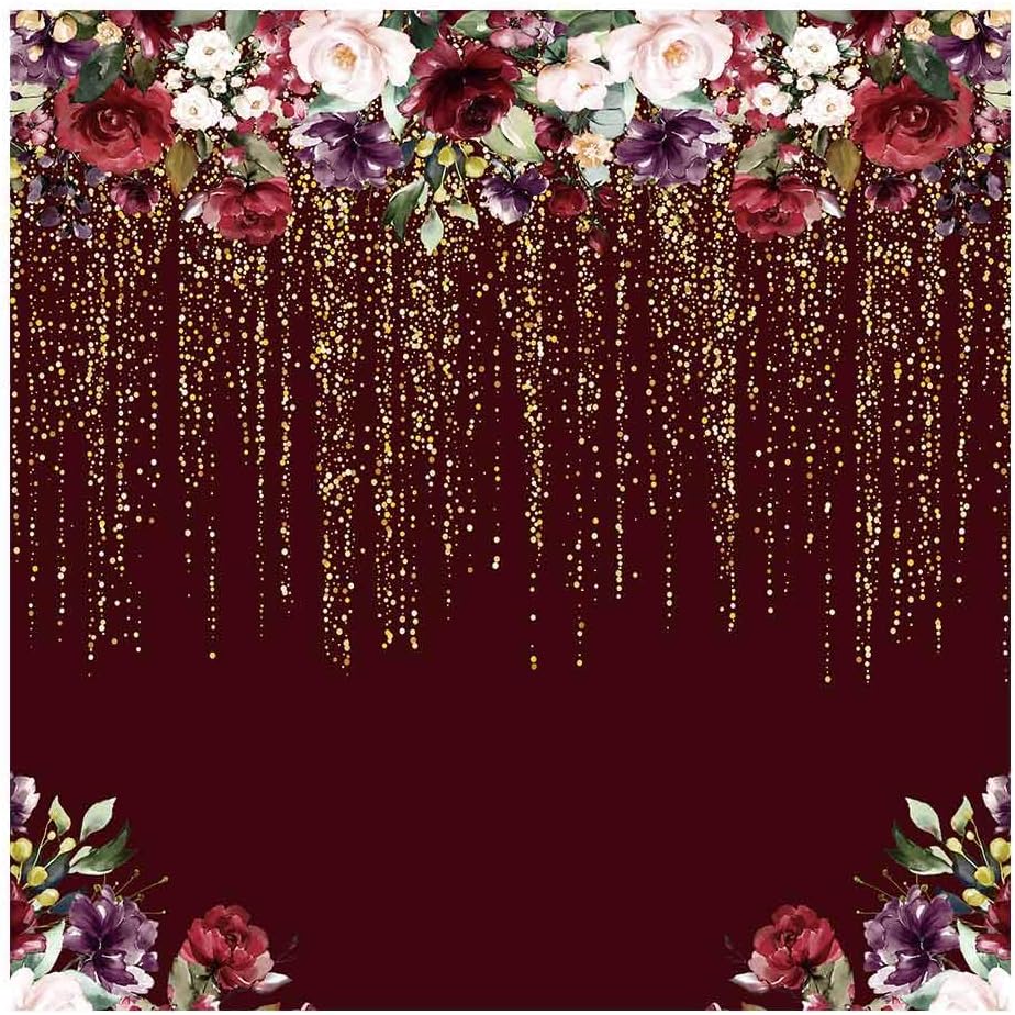 Funnytree 6x6ft Burgundy Red Flowers Backdrop Golden Glitter Floral