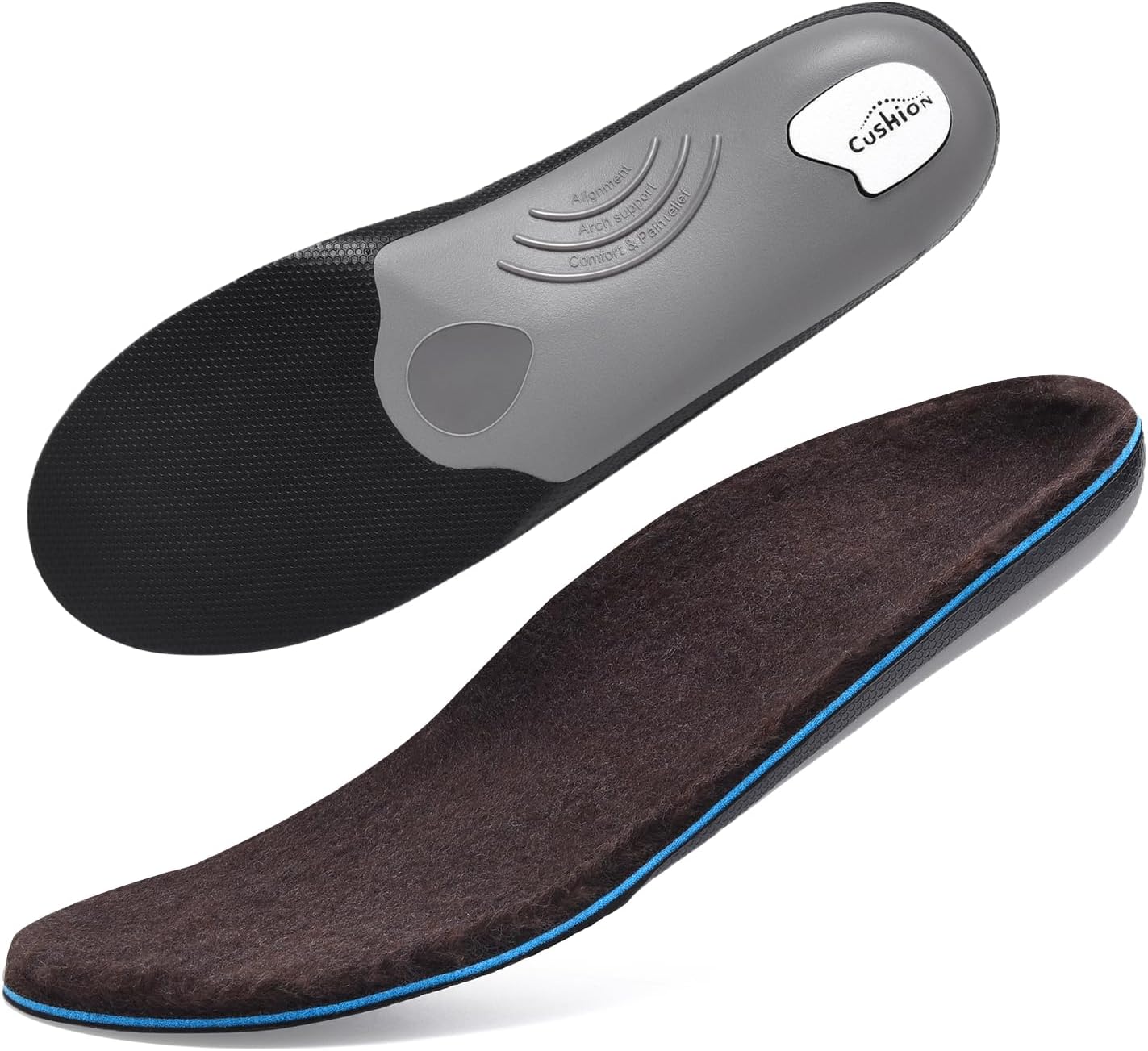 VALSOLE 250+lbs Winter Thermal Wool Insoles for Men Women,Plantar Fasciitis Orthotics Insert,for Flat Feet,High Arch,Foot Pain,Standing All Day Boot Work Shoe Warm Insoles(261mm)