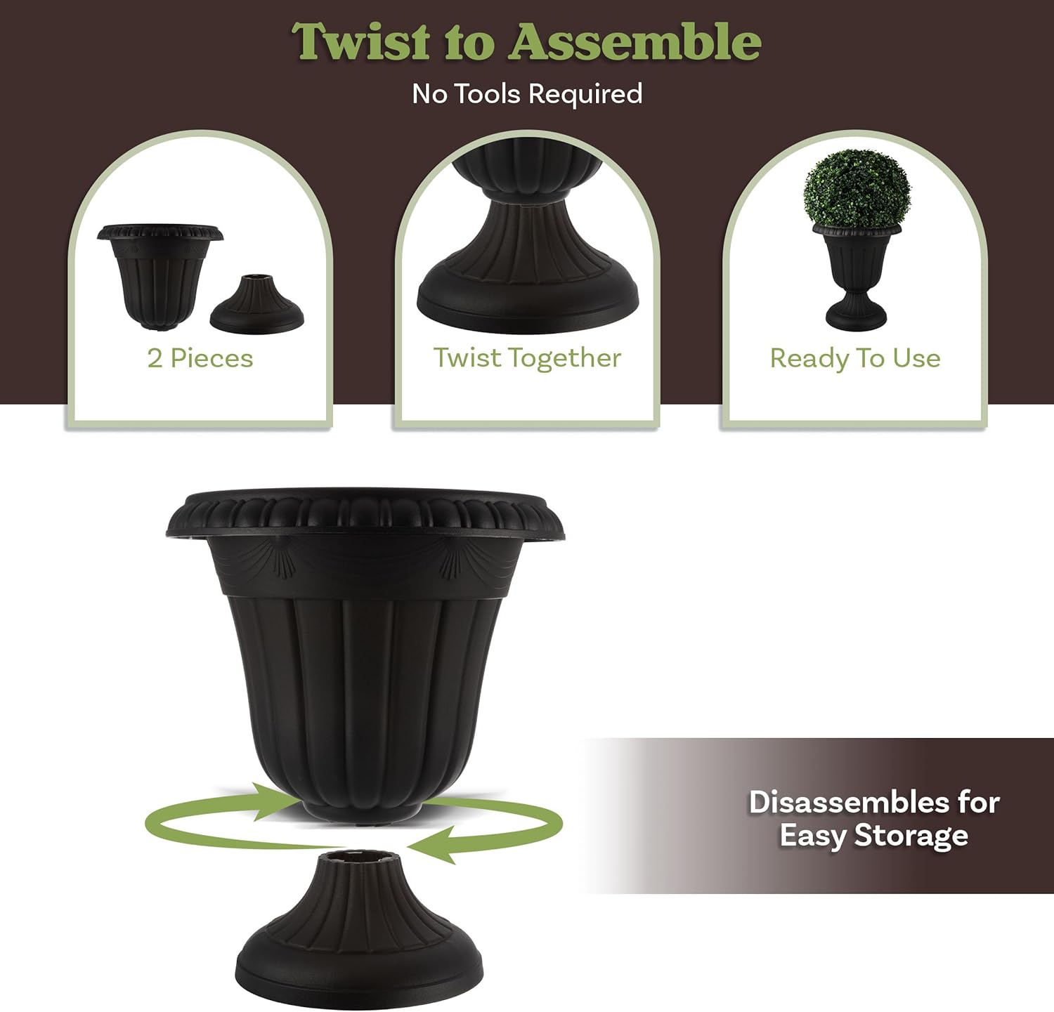 Outdoor Planter 2-Pack - 16x18-Inch Urn Planters - Plastic Plant Pots for Indoor, Outdoor, or Front Porch Decor - Flower Pots by Pure Garden (Black)